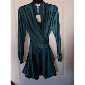 LucyParis Long Sleeve Satin Wrap Dress in Teal, Size M Christmas/New YearsParty